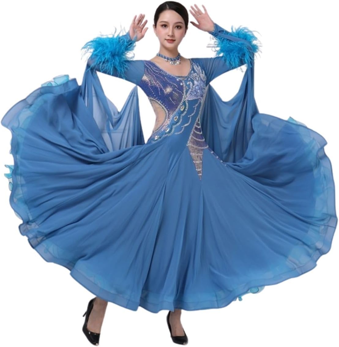 花柄】新品 社交ダンス用裾オーガンジー ロングフレアスカート淡